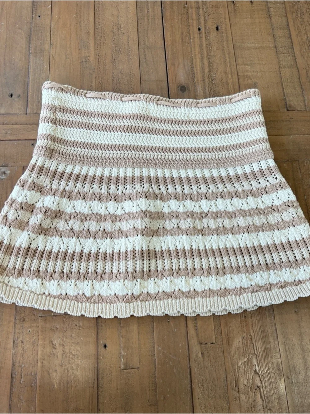 Free People Beach Crocheted Knit Mini Skirt XS Beige Cream Stripe Boho Festival